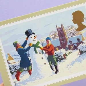 5 Postcards: Christmas Scenes, Unused Vintage Postcards, Christmas card set, art, winter, snowmen, retro Xmas, card set, carol singers, snow image 2