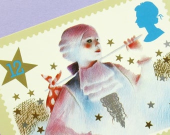 5 Postcards: Christmas 1985, pantomime characters, panto, illustrated, 1980s, unused vintage stamp postcards, PHQ cards, postcard set, 80s