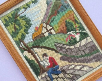 Vintage Needlework, Framed, Countryside Scene, cottage, hills, bridge, tree, cottagecore, art, needlepoint, textile art, British, England