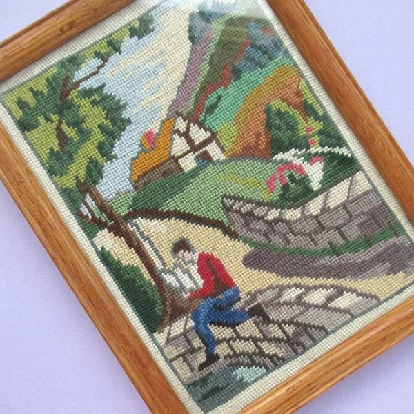 Vintage Needlework, Framed, Countryside Scene, cottage, hills, bridge, tree, cottagecore, art, needlepoint, textile art, British, England