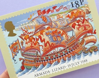 The Armada, Set of 5 Unused Vintage Postcards, naval, British history, art, Tudors, Spanish Armada, 80s, 1980s, illustration