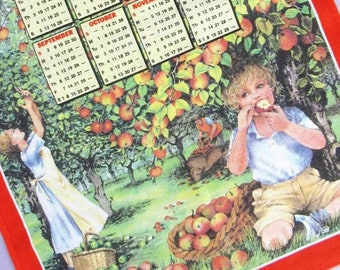 Vintage Tea Towel: 2001 Calendar, The People's Friend, Apple Orchard, retro calendar dish towel