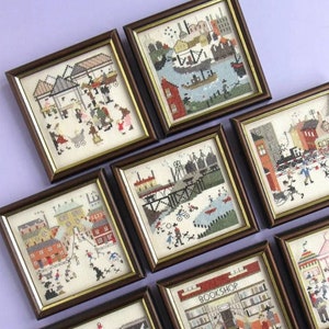 Vintage Cross Stitch Picture, based on work by L S Lowry, framed, choice of design