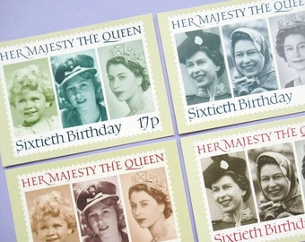 4 Postcards: Her Majesty the Queen, 60th Birthday, Queen Elizabeth II, unused vintage, postcard set, Royal Mail postage stamps, 1986, 80s