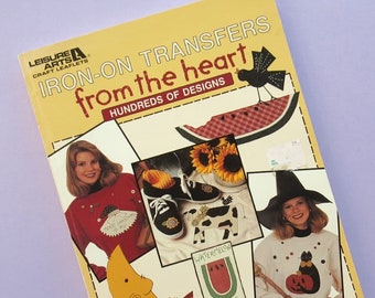 Iron-on Transfers from the Heart, vintage embroidery pattern book, Susan Fouts, Leisure Arts, 1990s, 90s, retro crafts, sewing, needlework