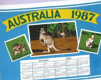 Vintage Australia Tea Towel: 1987 Calendar, Kangaroo, Possum