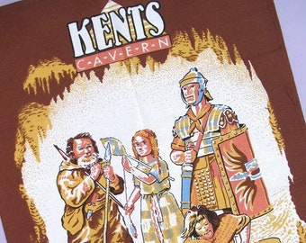 Vintage Tea Towel: Kents Cavern - An Experience in Time, retro souvenir dish towel from prehistoric caves in Torquay, Devon, England