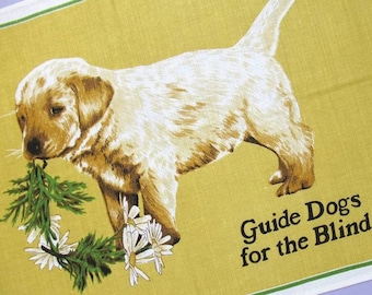 Vintage Tea Towel: Cute Guide Dog Puppy "Daisy", retro Guide Dogs for the Blind dish towel (some marks)