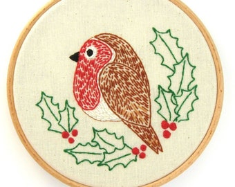 Motif de broderie Robin - PDF - Robin et houx, motif de broderie à la main, Noël, hiver, oiseau britannique, feuilles et baies de houx