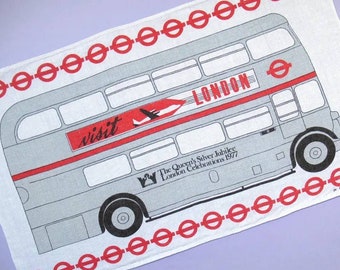 Vintage Tea Towel: Silver Jubilee Routemaster Bus by Ulster, retro 70s London Transport dish towel or wall art