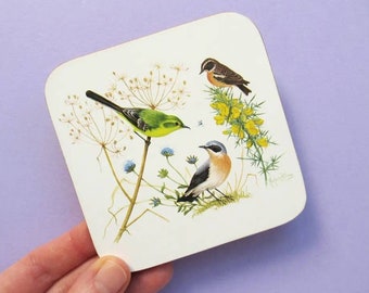 Vintage Bird Coasters, boxed set of 6 coasters by Clover Leaf, illustrated by Marjorie Blamey (one has small mark)