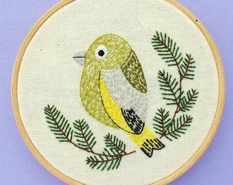 Greenfinch Embroidery Pattern – Bird and Fir Branch Design (PDF)