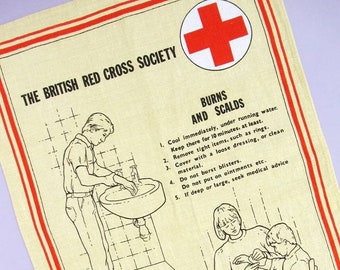 Vintage Tea Towel: First Aid Tips from The British Red Cross Society, rare retro dish towel with household advice