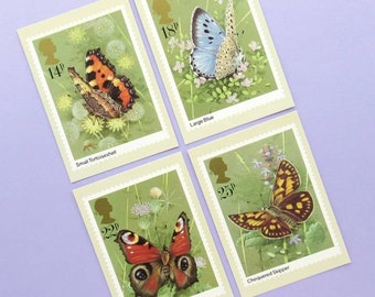 4 Postcards: British Butterflies, Unused Vintage Postcards, wildlife, 1980s, stationery, Royal Mail stamp designs, butterfly cards, nature
