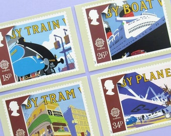 4 cartes postales : transport, jeu de cartes postales anciennes inutilisées avec illustrations de voyage rétro à partir de timbres-poste Royal Mail, art de voyage, années 80