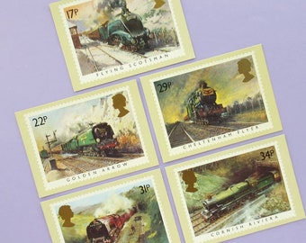 5 cartes postales : trains célèbres, vintage inutilisés, timbres Royal Mail, oeuvre d'art, jeu de cartes PHQ, idée cadeau trainspotter, trainspotting, l'écossais volant