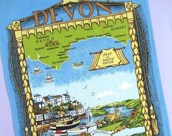 Vintage Tea Towel: South Devon, unused cotton souvenir dish towel featuring Devonshire, England