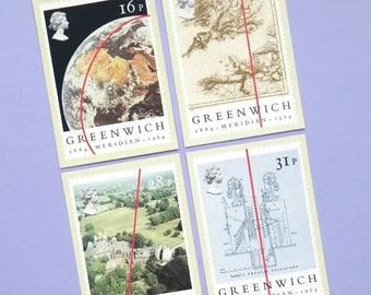 4 Postcards: Greenwich Meridian 1884 - 1984, Set of Unused Vintage Postcards, Royal Mail stamps, PHQ card set, London, 80s, 1980s