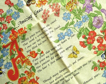 Vintage Amazing Grace Hymn Tea Towel: Flowers, Birds, Wildlife, Cottage Garden Style