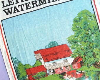 Vintage Tea Towel: Letheringham Watermill, Suffolk, Souvenir, Illustrated, Irish Linen, Unused, Kitchen Decor, 60s, 70s
