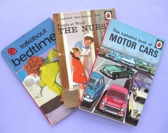 Vintage Ladybird Book Bundle - 3 vintage children's books, The Ladybird book of Motor Cars, People at Work: The Nurse, & Talkabout Bedtime