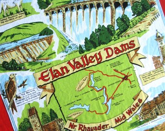Vintage Tea Towel: Elan Valley Dams, Nr. Rhayader, Mid Wales, Souvenir, Cotton, Unused, Welsh, Kitchen Decor