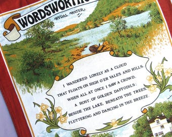 Vintage Tea Towel: Wordsworth's Lakes, William Wordsworth, The Lake District, Souvenir, 80s, Cotton, Rydal, Grasmere, Derwentwater