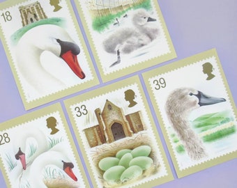 5 Vintage Postcards: Swans, Set of Unused Vintage Postcards, stamp cards, swan illustrations, Royal Mail, 1993 birthday gift, 1990s, birds