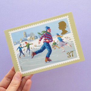 5 Postcards: Christmas Scenes, Unused Vintage Postcards, Christmas card set, art, winter, snowmen, retro Xmas, card set, carol singers, snow image 6