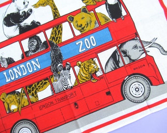 Vintage Tea Towel: London Zoo, animals on board a red double decker bus, souvenir, dish towel, rare, 60s or 70s, unused, linen & cotton