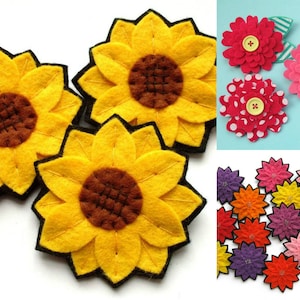 May include: Three felt sunflower appliques with brown centers and black outlines. The sunflowers are yellow with a textured appearance.