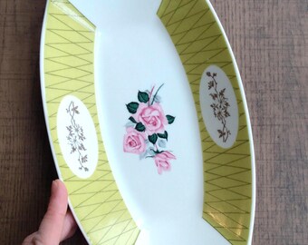 1950s Figgjo Flint Norway Dish: Roses & Geometric Design, Decorative Ceramic, 50s Decor, Pink, Green