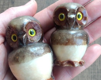Vintage Owl Figurines, Hand Carved Stone, Italian, Alabaster, Brown, Birds, Ornaments, Mother & Baby Owls