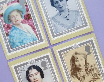 4 Vintage Postcards: HM The Queen Mother's 90th Birthday, unused British Royal family postcard set, Royal Mail stamps, 1990s, PHQ card set