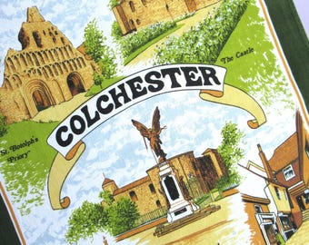 Vintage Tea Towel: Colchester, Essex, souvenir, illustrated by Clive Mayor, cotton, 80s kitchen decor