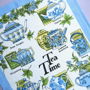 Vintage Tea Towel: English Teatime, Blue & White Teapots, Linen Cotton Blend