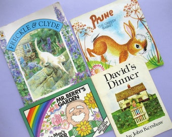 4 Vintage Children's Picture Books, kids book bundle, nature, animals, cats, the weather, scruffy but charming with lovely illustrations!