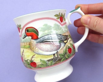 Vintage Mug, Teal ducks, Queen's China by Crownford, English bone china, ceramic, birds, strawberries, nature lover gift idea, bird mug