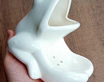 Vintage Frog Soap Dish and Toothbrush Holder, White Ceramic, Novelty Bathroom Decor, Animal, Whimsy, 80s