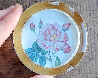 Vintage Glass Paperweight: Pink Roses by Redouté Floral, Round, Circular, in Original Box