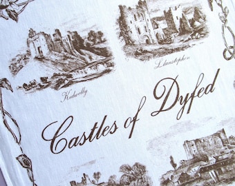Vintage Castles of Dyfed Tea Towel: Welsh Souvenir, Illustrated Wales, Cotton