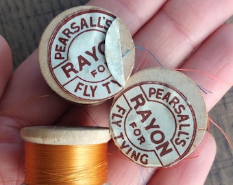 3 Vintage Spools of Fly Tying Thread for Fishing, Pearsall's Rayon, Made in England, Wooden Bobbins, Blue, Orange