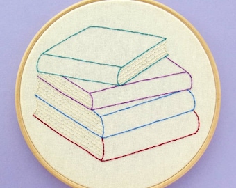 Stack of Books PDF Embroidery Pattern, a customisable embroidery design for book lovers! Easy to sew, add your fave book titles or authors.