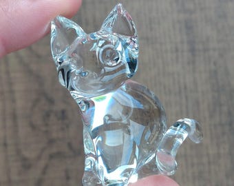 Vintage Sitting Cat or Kitten Ornament: Clear Art Glass Animal