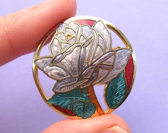 Vintage Blumen Emaille Brosche, Cloisonne Emaille, rosa Rose, goldfarbenes Metall, Blume, 80er, 1980er Jahre, rund, kreis, kreisrund, hübsch