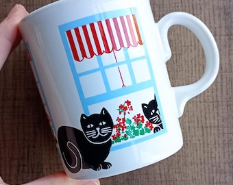 Vintage Black Cats Mug: 80s Sadler Ceramic Mug, windows, cats, plants, original, retro, 80s 90s kitchen decor, cute, cat lady gift idea