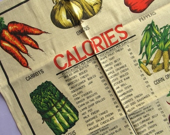 Calories: Vintage Tea Towel, Retro Kitchen Decor, Linen Cotton Blend, Illustrated, Vegetables