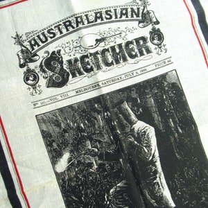 Ned Kelly at Bay, on the cover of the Australasian Sketcher, 1880, vintage tea towel, Australia souvenir, linen, new, unused, hand printed