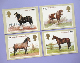 4 Postcards: Horses, unused vintage postcard set, British postage stamp cards, Royal Mail PHQ, Shire Horse, Shetland Pony, Welsh Pony, 70s