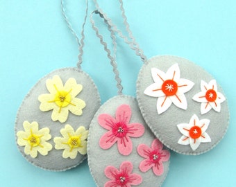 Felt Easter Egg Ornaments PDF Pattern - Spring Flowers - easy sewing tutorial & embroidery patterns, cherry blossom, daffodils, primroses